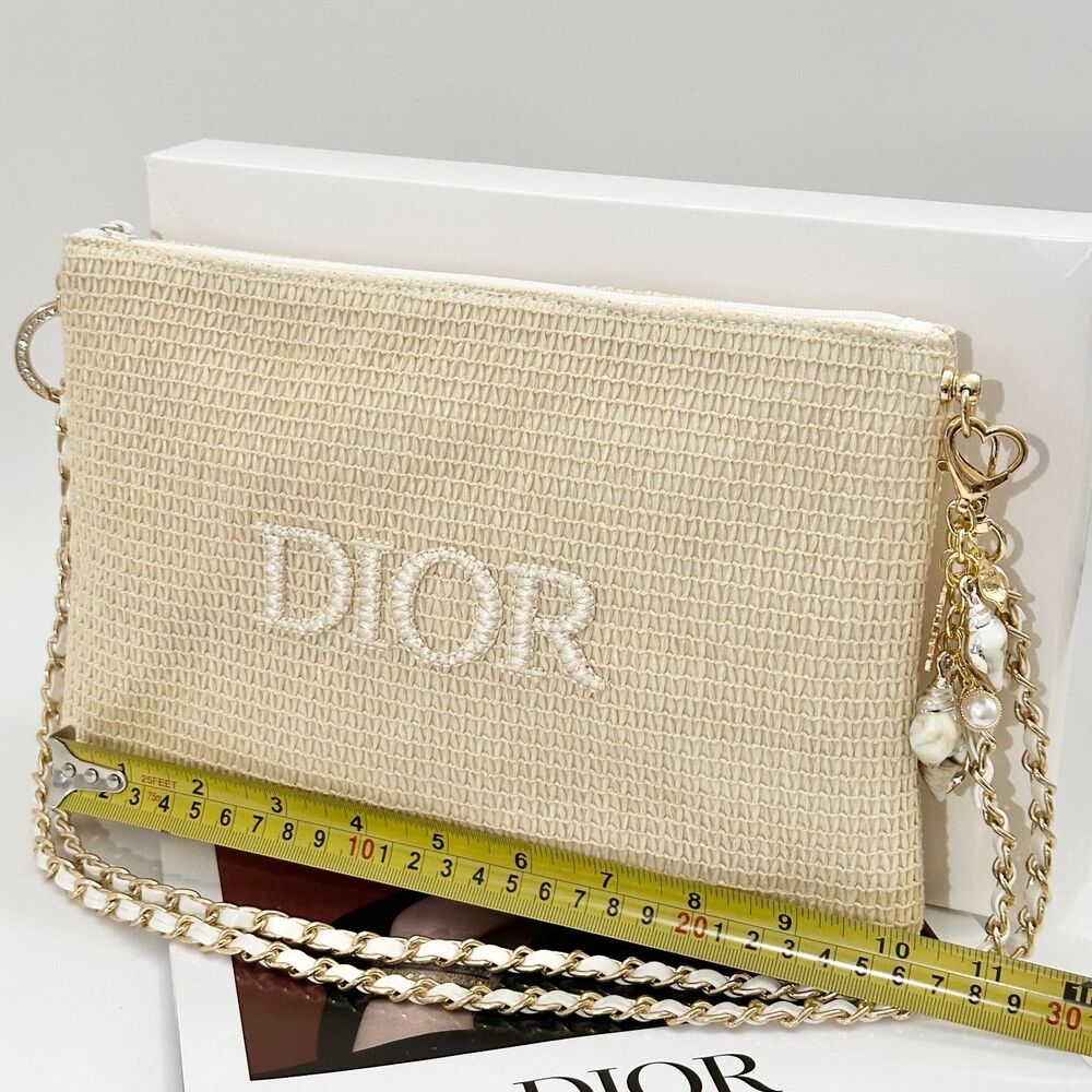 Dior Beige Embroidered Logo Cosmetic Pouch with Gold Chain - Picture 5 of 8